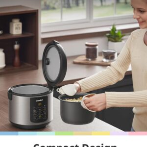 comfee' compact rice cooker, 6 in 1 stainless steel multi cooker, slow cooker, steamer, saute, and warmer, 2 qt, 8 cups cooked(4 cups uncooked), brown rice, quinoa and oatmeal, 6 one touch programs