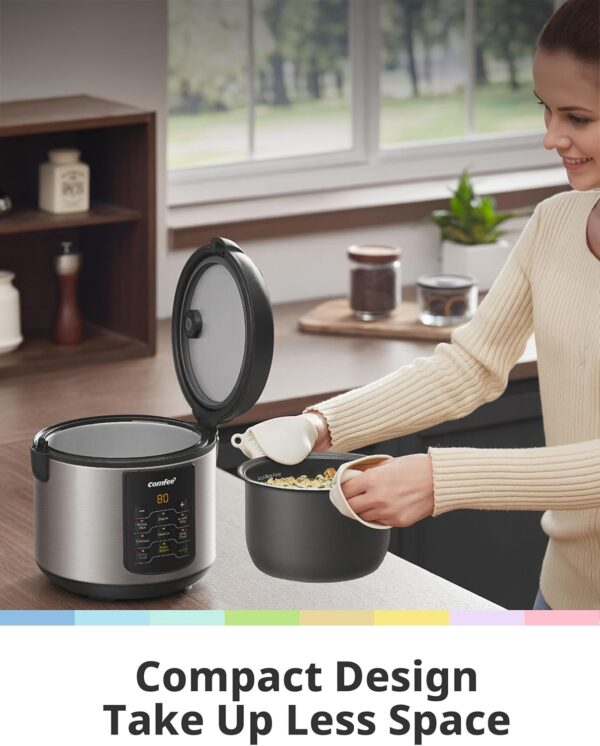 comfee' compact rice cooker, 6 in 1 stainless steel multi cooker, slow cooker, steamer, saute, and warmer, 2 qt, 8 cups cooked(4 cups uncooked), brown rice, quinoa and oatmeal, 6 one touch programs