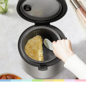 comfee' compact rice cooker, 6 in 1 stainless steel multi cooker, slow cooker, steamer, saute, and warmer, 2 qt, 8 cups cooked(4 cups uncooked), brown rice, quinoa and oatmeal, 6 one touch programs