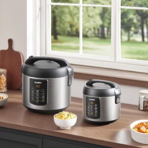 comfee' compact rice cooker, 6 in 1 stainless steel multi cooker, slow cooker, steamer, saute, and warmer, 2 qt, 8 cups cooked(4 cups uncooked), brown rice, quinoa and oatmeal, 6 one touch programs