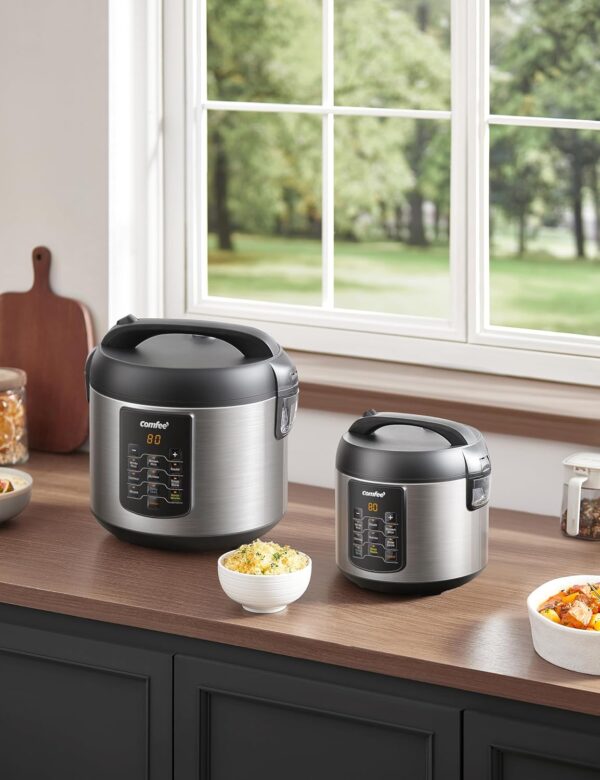comfee' compact rice cooker, 6 in 1 stainless steel multi cooker, slow cooker, steamer, saute, and warmer, 2 qt, 8 cups cooked(4 cups uncooked), brown rice, quinoa and oatmeal, 6 one touch programs