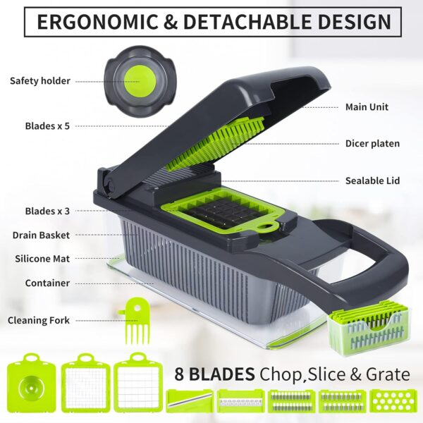 vegetable chopper mandoline slicer,veggie chopper, multifunctional 10 in 1 food choppers, kitchen vegetable slicer dicer cutter,onion mincer,cheese grater,colander basket,kitchen gadgets (gray/green)
