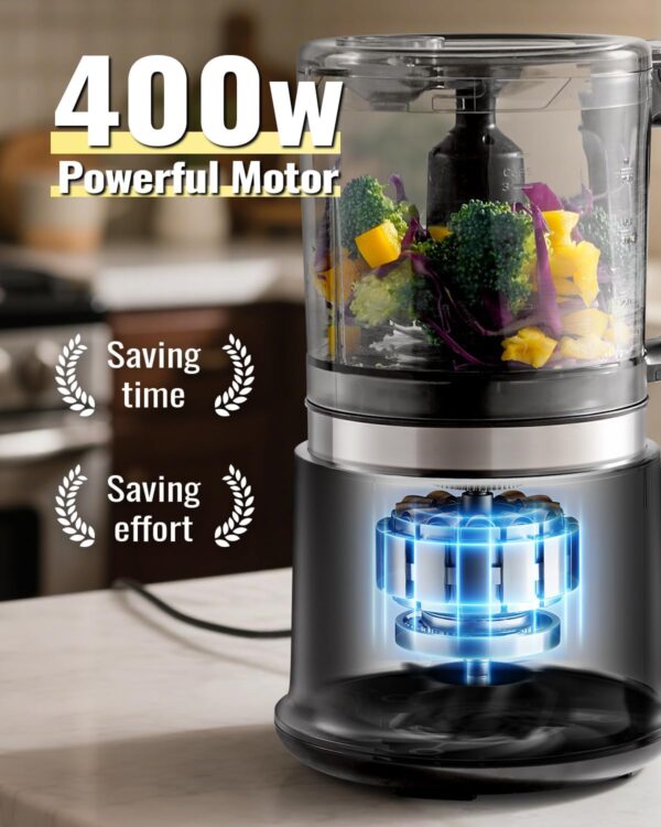 food chopper, 4 cup fast food processor, electric meat grinder with 2 speed, 4 stainless steel blades, and whisk, 400w power for chopping, mixing, emulsifying, puree and whisking, bpa free