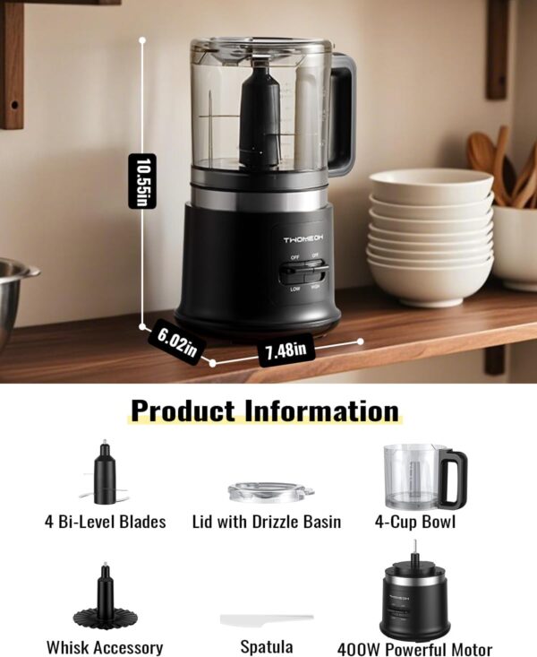 food chopper, 4 cup fast food processor, electric meat grinder with 2 speed, 4 stainless steel blades, and whisk, 400w power for chopping, mixing, emulsifying, puree and whisking, bpa free