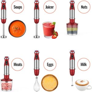 koios 5 in 1 hand immersion blender, 1000w 12 speed handheld blender stick with copper motor stainless steel blade, 600ml mixing beaker,500ml food processor, whisk, milk frother, non bpa, red