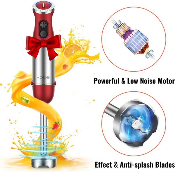 koios 5 in 1 hand immersion blender, 1000w 12 speed handheld blender stick with copper motor stainless steel blade, 600ml mixing beaker,500ml food processor, whisk, milk frother, non bpa, red