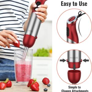 koios 5 in 1 hand immersion blender, 1000w 12 speed handheld blender stick with copper motor stainless steel blade, 600ml mixing beaker,500ml food processor, whisk, milk frother, non bpa, red