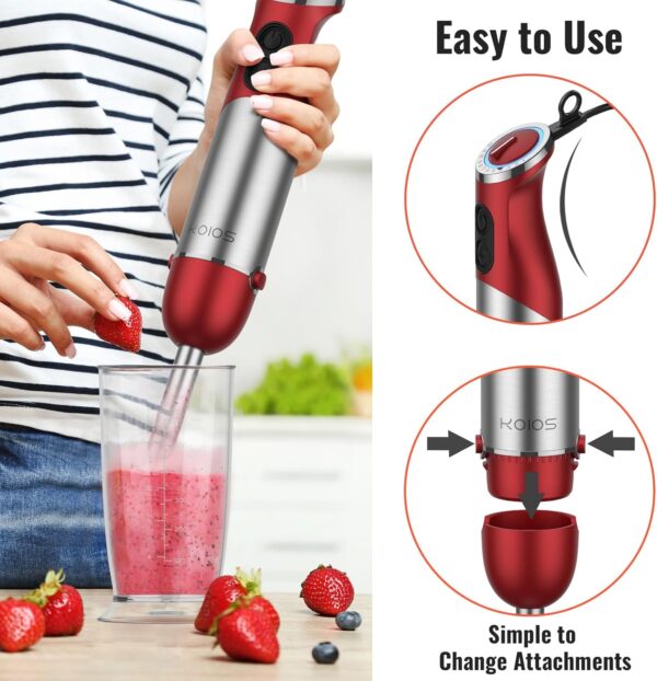koios 5 in 1 hand immersion blender, 1000w 12 speed handheld blender stick with copper motor stainless steel blade, 600ml mixing beaker,500ml food processor, whisk, milk frother, non bpa, red