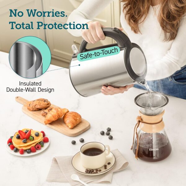 cosori electric kettle, no plastic inner lid, filter and spout, double wall stainless steel keep warm, automatic shut off & boil dry protection, durable tea kettle boiler & heater, 1.5l/1500w, silver