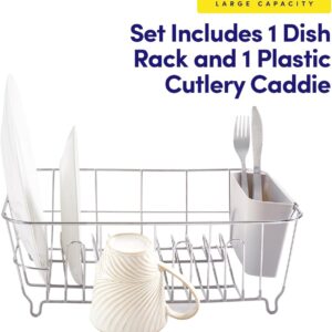 dish drying rack & cutlery holder 2 piece set compact sink fitting dish drainer with rubberized undercoating, space saving kitchen organizer for plates, cups, bowls & utensils in sink, silver