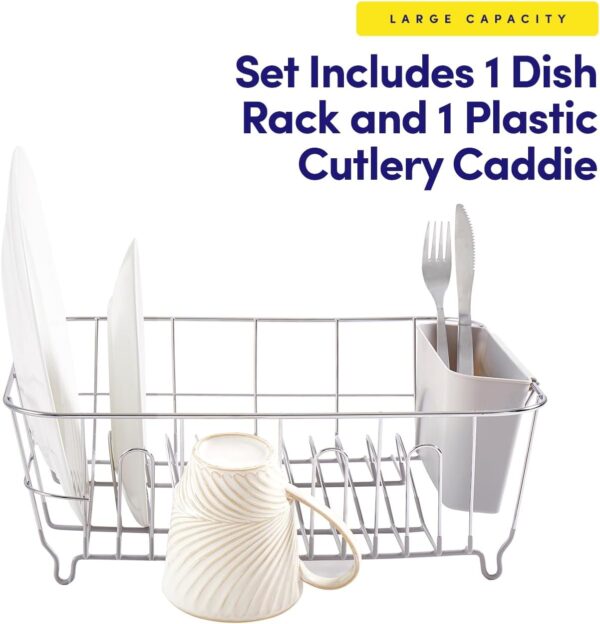 dish drying rack & cutlery holder 2 piece set compact sink fitting dish drainer with rubberized undercoating, space saving kitchen organizer for plates, cups, bowls & utensils in sink, silver