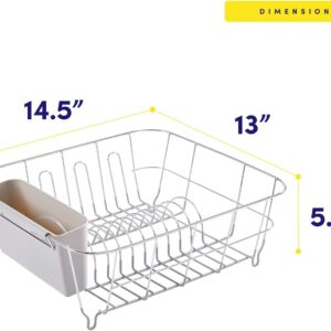 dish drying rack & cutlery holder 2 piece set compact sink fitting dish drainer with rubberized undercoating, space saving kitchen organizer for plates, cups, bowls & utensils in sink, silver