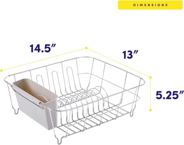 dish drying rack & cutlery holder 2 piece set compact sink fitting dish drainer with rubberized undercoating, space saving kitchen organizer for plates, cups, bowls & utensils in sink, silver