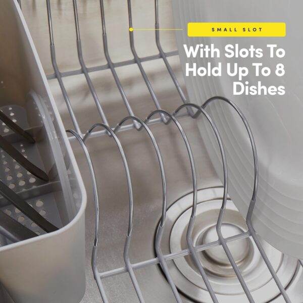 dish drying rack & cutlery holder 2 piece set compact sink fitting dish drainer with rubberized undercoating, space saving kitchen organizer for plates, cups, bowls & utensils in sink, silver