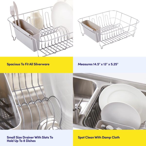dish drying rack & cutlery holder 2 piece set compact sink fitting dish drainer with rubberized undercoating, space saving kitchen organizer for plates, cups, bowls & utensils in sink, silver