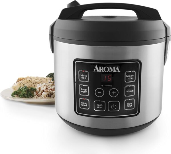 aroma housewares 20 cup cooked (10 cup uncooked) digital rice cooker, slow cooker, food steamer, ss exterior (arc 150sb),black