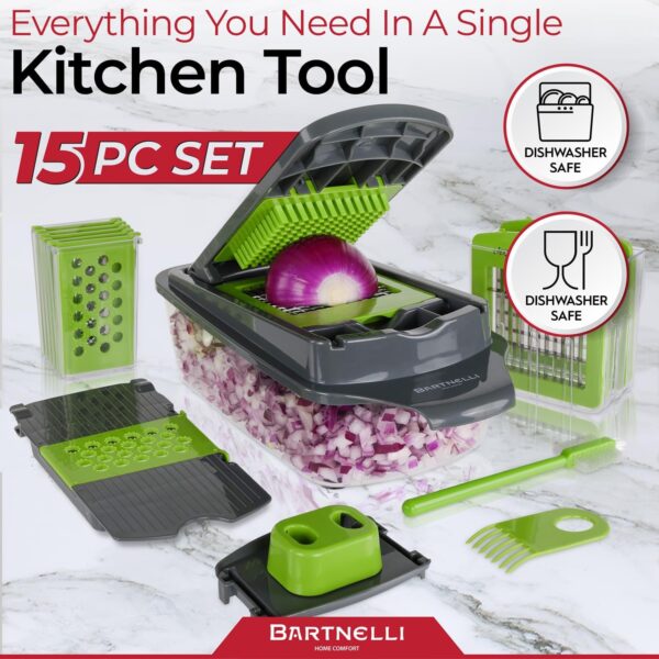 bartnelli vegetable chopper food slicer pro | 15 pc multifuctional kitchen gadgets for onion, veggie, cheese grater, vegetables cutter with large container, easy to clean, with bonus brush and fork