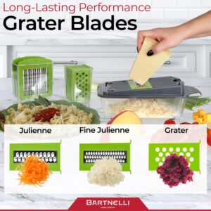 bartnelli vegetable chopper food slicer pro | 15 pc multifuctional kitchen gadgets for onion, veggie, cheese grater, vegetables cutter with large container, easy to clean, with bonus brush and fork