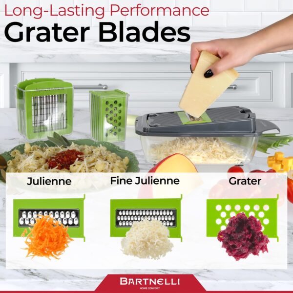 bartnelli vegetable chopper food slicer pro | 15 pc multifuctional kitchen gadgets for onion, veggie, cheese grater, vegetables cutter with large container, easy to clean, with bonus brush and fork