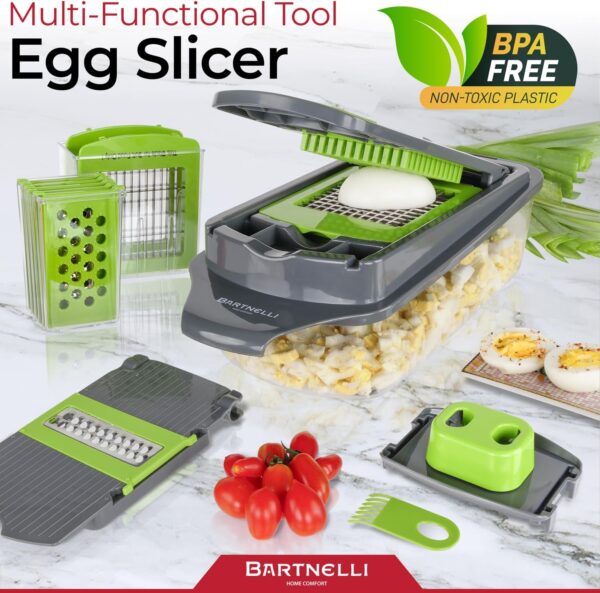 bartnelli vegetable chopper food slicer pro | 15 pc multifuctional kitchen gadgets for onion, veggie, cheese grater, vegetables cutter with large container, easy to clean, with bonus brush and fork
