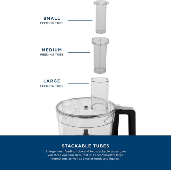 ge food processor | 12 cup | complete with 3 feeding tubes & stainless steel accessories 3 discs + dough blade | 3 speed | great for shredded cheese, chicken & more | kitchen essentials | 550 watts