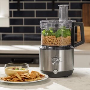 ge food processor | 12 cup | complete with 3 feeding tubes & stainless steel accessories 3 discs + dough blade | 3 speed | great for shredded cheese, chicken & more | kitchen essentials | 550 watts