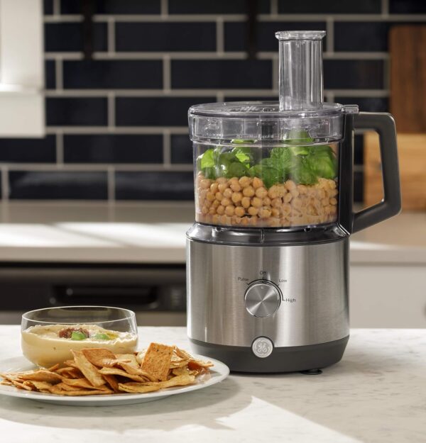 ge food processor | 12 cup | complete with 3 feeding tubes & stainless steel accessories 3 discs + dough blade | 3 speed | great for shredded cheese, chicken & more | kitchen essentials | 550 watts