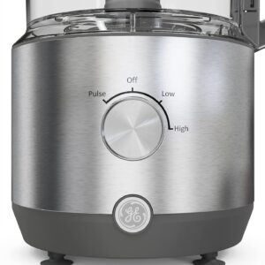 ge food processor | 12 cup | complete with 3 feeding tubes & stainless steel accessories 3 discs + dough blade | 3 speed | great for shredded cheese, chicken & more | kitchen essentials | 550 watts