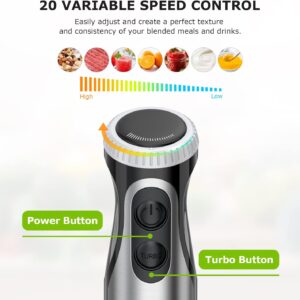 bonsenkitchen immersion handheld blender with whisk, 20 speed & turbo mode hand blender stick 500w, 304 stainless steel hand blender for soup, smoothie, puree, baby food
