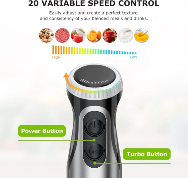 bonsenkitchen immersion handheld blender with whisk, 20 speed & turbo mode hand blender stick 500w, 304 stainless steel hand blender for soup, smoothie, puree, baby food