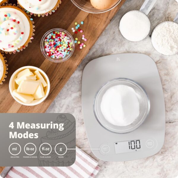 greater goods digital kitchen scale cooking, baking, meal and food prep scale, weighs in grams, pounds and ounces, gray