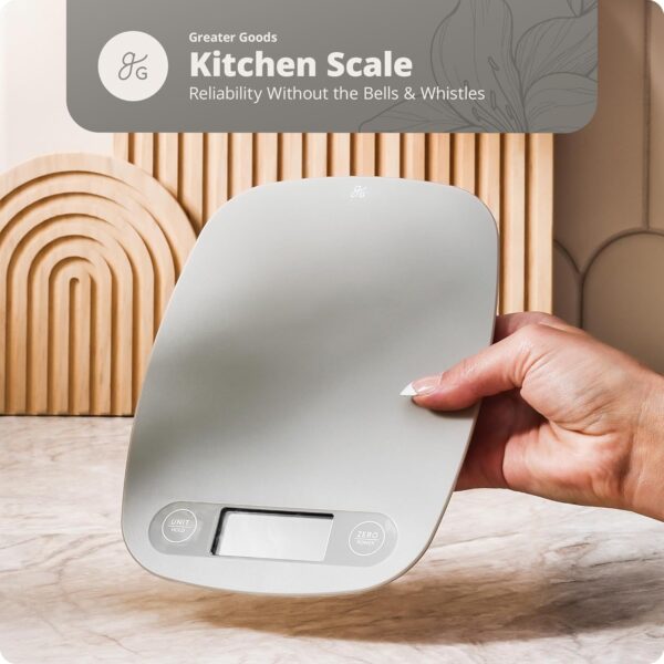 greater goods digital kitchen scale cooking, baking, meal and food prep scale, weighs in grams, pounds and ounces, gray