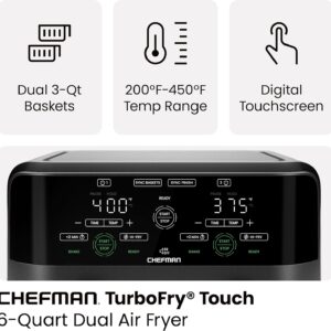 chefman 6 quart dual basket air fryer digital touchscreen, smart sync finish, hi fry, auto shutoff, 2 independent 3qt nonstick dishwasher safe frying baskets digital double air fryer black
