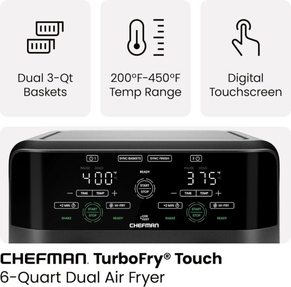 chefman 6 quart dual basket air fryer digital touchscreen, smart sync finish, hi fry, auto shutoff, 2 independent 3qt nonstick dishwasher safe frying baskets digital double air fryer black