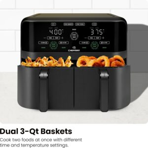 chefman 6 quart dual basket air fryer digital touchscreen, smart sync finish, hi fry, auto shutoff, 2 independent 3qt nonstick dishwasher safe frying baskets digital double air fryer black