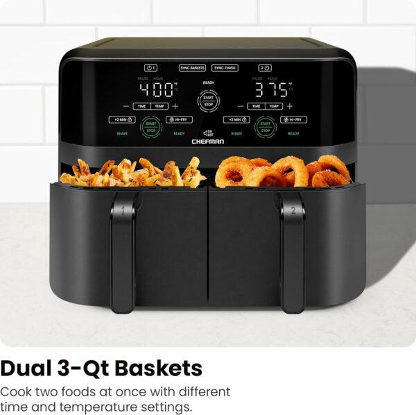 chefman 6 quart dual basket air fryer digital touchscreen, smart sync finish, hi fry, auto shutoff, 2 independent 3qt nonstick dishwasher safe frying baskets digital double air fryer black