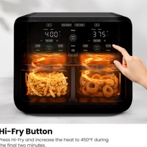 chefman 6 quart dual basket air fryer digital touchscreen, smart sync finish, hi fry, auto shutoff, 2 independent 3qt nonstick dishwasher safe frying baskets digital double air fryer black
