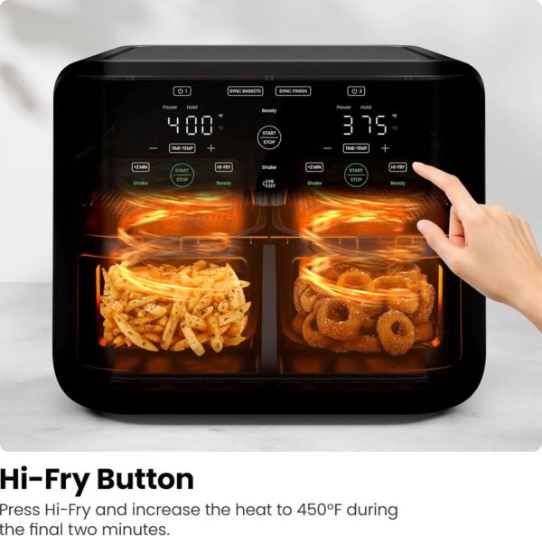chefman 6 quart dual basket air fryer digital touchscreen, smart sync finish, hi fry, auto shutoff, 2 independent 3qt nonstick dishwasher safe frying baskets digital double air fryer black