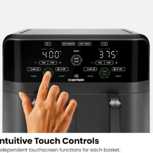 chefman 6 quart dual basket air fryer digital touchscreen, smart sync finish, hi fry, auto shutoff, 2 independent 3qt nonstick dishwasher safe frying baskets digital double air fryer black