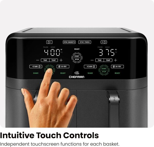 chefman 6 quart dual basket air fryer digital touchscreen, smart sync finish, hi fry, auto shutoff, 2 independent 3qt nonstick dishwasher safe frying baskets digital double air fryer black