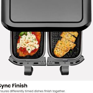 chefman 6 quart dual basket air fryer digital touchscreen, smart sync finish, hi fry, auto shutoff, 2 independent 3qt nonstick dishwasher safe frying baskets digital double air fryer black
