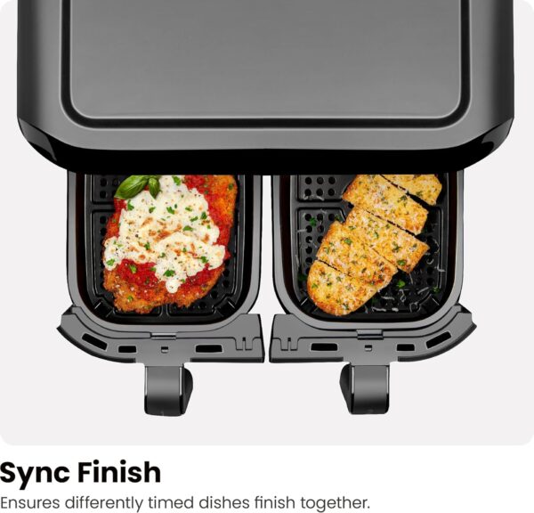 chefman 6 quart dual basket air fryer digital touchscreen, smart sync finish, hi fry, auto shutoff, 2 independent 3qt nonstick dishwasher safe frying baskets digital double air fryer black