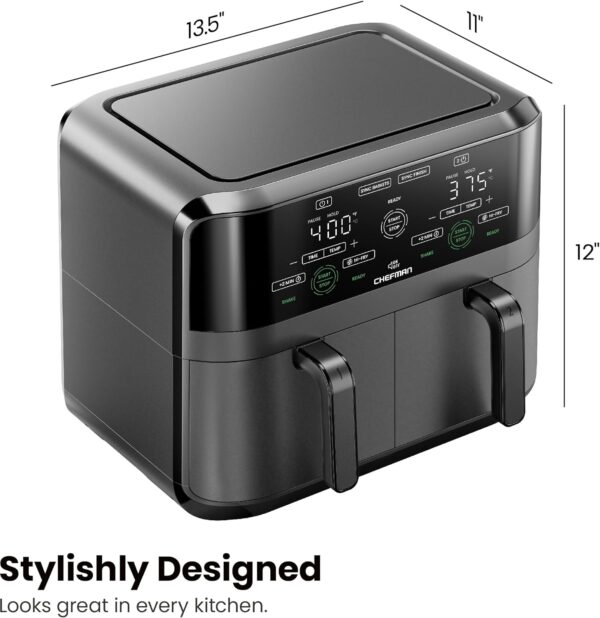 chefman 6 quart dual basket air fryer digital touchscreen, smart sync finish, hi fry, auto shutoff, 2 independent 3qt nonstick dishwasher safe frying baskets digital double air fryer black