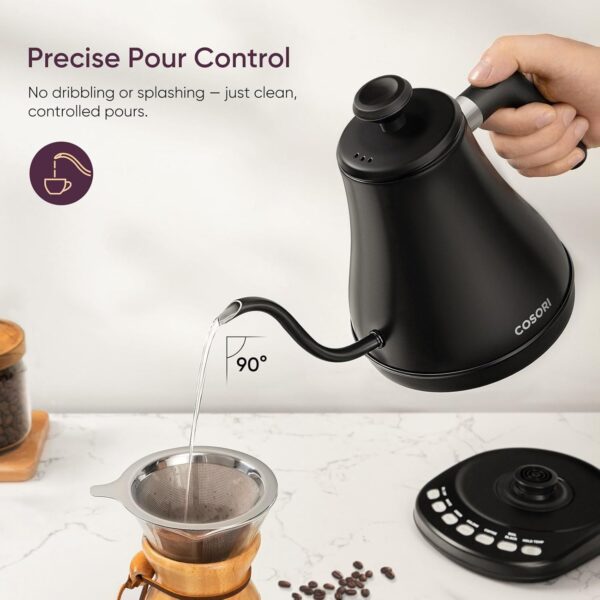 cosori electric gooseneck kettle with 5 temperature control presets, pour over kettle for coffee & tea, hot water boiler, 100% stainless steel inner lid & bottom, 1200w/0.8l