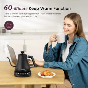 cosori electric gooseneck kettle with 5 temperature control presets, pour over kettle for coffee & tea, hot water boiler, 100% stainless steel inner lid & bottom, 1200w/0.8l