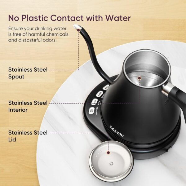 cosori electric gooseneck kettle with 5 temperature control presets, pour over kettle for coffee & tea, hot water boiler, 100% stainless steel inner lid & bottom, 1200w/0.8l