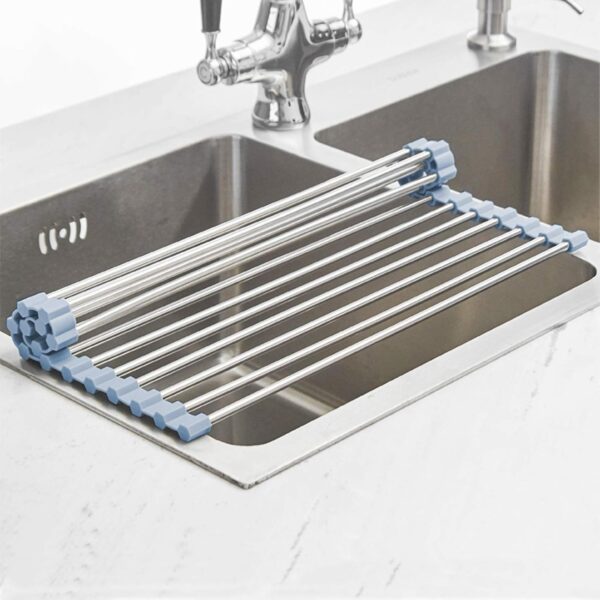 over the sink dish drying rack, roll up dish drying rack kitchen dish rack stainless steel sink drying rack, foldable dish drainer, gray