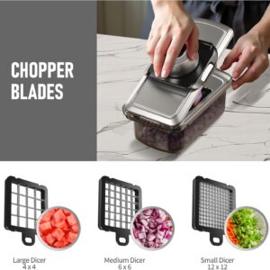 12 in 1 vegetable chopper, mandoline food slicer for kitchen, cheese grater, veggie chopper with container, vegetable cutter for onion, salad and fruit stainless steel, home essential tools