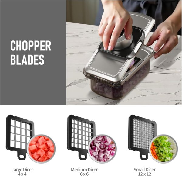 12 in 1 vegetable chopper, mandoline food slicer for kitchen, cheese grater, veggie chopper with container, vegetable cutter for onion, salad and fruit stainless steel, home essential tools