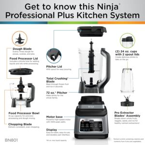 ninja bn801 professional plus kitchen system, 1400 wp, 5 functions for smoothies, chopping, dough & more with auto iq, 72 oz.* blender pitcher, 64 oz. processor bowl, (2) 24 oz. to go cups, grey